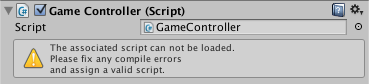 The associate script can not be loaded. Please fix any compile errors and assign a valid script.